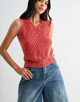 Sleeveless Acid Wash Crochet Top Red