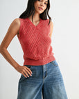 Sleeveless Acid Wash Crochet Top Red