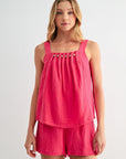 Bright Rose Beaded Neck A-Line Top