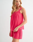 Bright Rose Beaded Neck A-Line Top