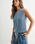 Sleeveless Acid Wash Crochet Top Ocean