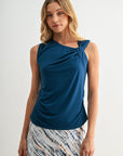 Asymmetric Neck Knit Top Blue Opal