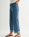 Striped Straight Leg Cropped Jean Indigo Denim
