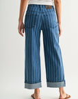Striped Straight Leg Cropped Jean Indigo Denim