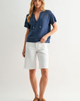 Cadet Blue Tie Neck Pointelle Top