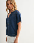 Cadet Blue Tie Neck Pointelle Top