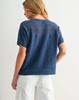 Cadet Blue Tie Neck Pointelle Top