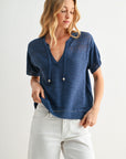 Cadet Blue Tie Neck Pointelle Top