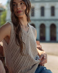 Sleeveless Acid Wash Crochet Top Latte