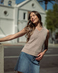 Sleeveless Acid Wash Crochet Top Latte