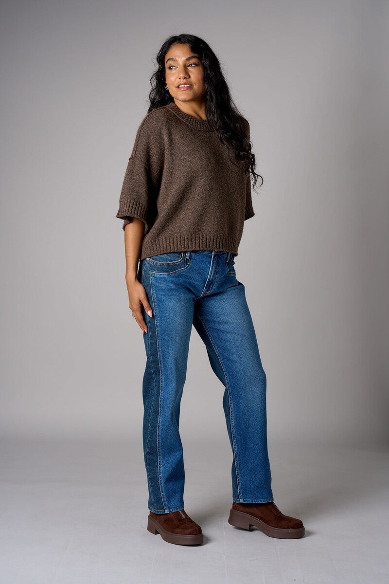 Two-Tone Straight Leg High Rise Stretch Denim Jean