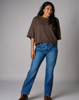 Two-Tone Straight Leg High Rise Stretch Denim Jean