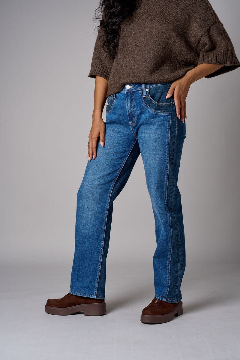 Two-Tone Straight Leg High Rise Stretch Denim Jean