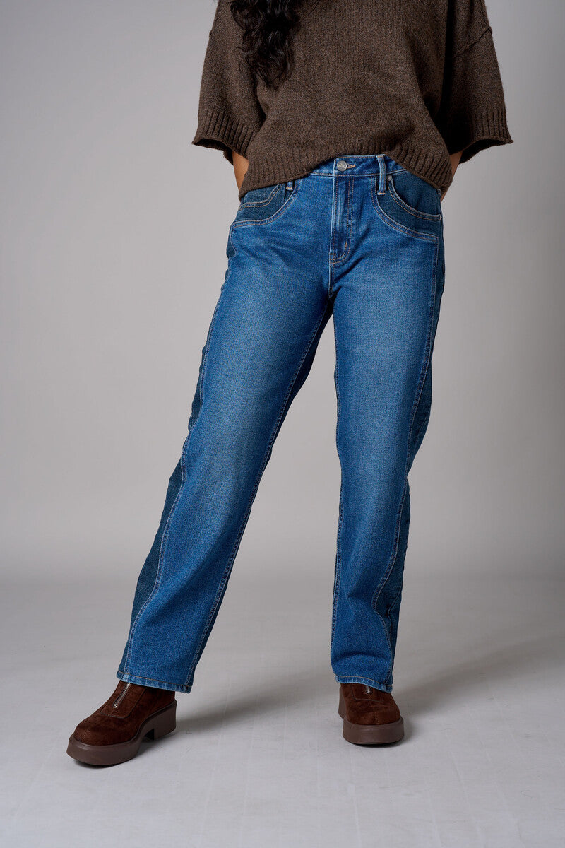 Two-Tone Straight Leg High Rise Stretch Denim Jean