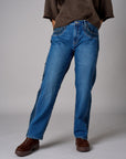 Two-Tone Straight Leg High Rise Stretch Denim Jean