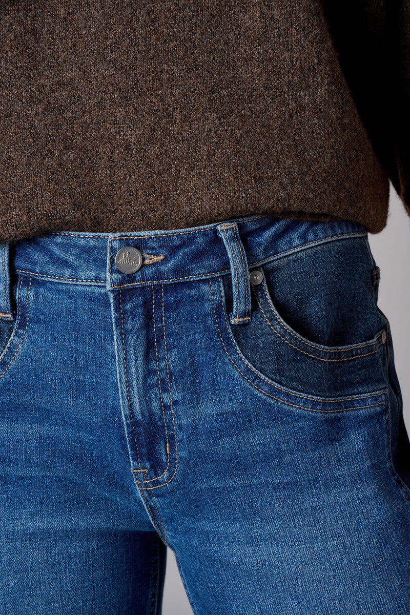 Two-Tone Straight Leg High Rise Stretch Denim Jean