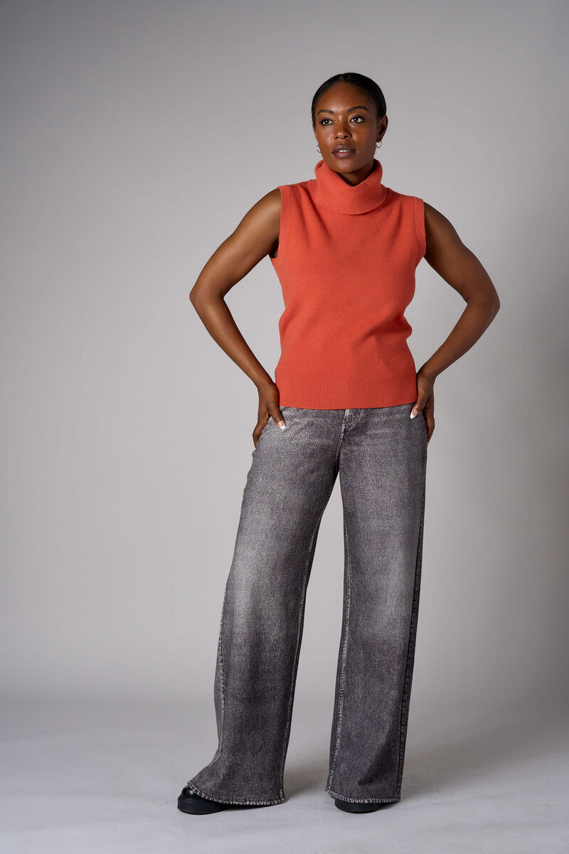 High Rise Wide Leg French Knit Printed Black Denim Jeans