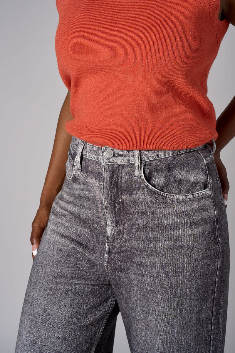 High Rise Wide Leg French Knit Printed Black Denim Jeans