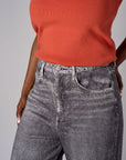 High Rise Wide Leg French Knit Printed Black Denim Jeans