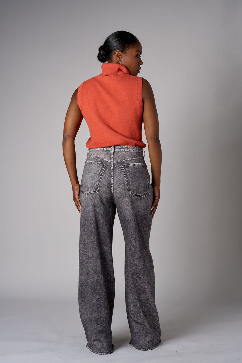 High Rise Wide Leg French Knit Printed Black Denim Jeans