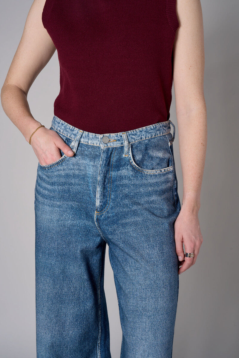 High Rise Wide Leg French Knit Printed Indigo Denim Jeans