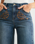 Medium Indigo Studded and Embroidered Wide Leg Jean