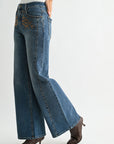 Medium Indigo Studded and Embroidered Wide Leg Jean