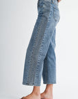 Medium Indigo Denim Embroidered Straight Leg Crop Jean