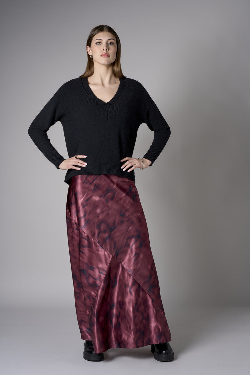 Maroon abstract animal print savoy bias maxi skirt