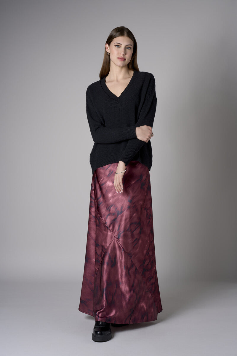 Maroon abstract animal print savoy bias maxi skirt