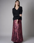 Maroon abstract animal print savoy bias maxi skirt
