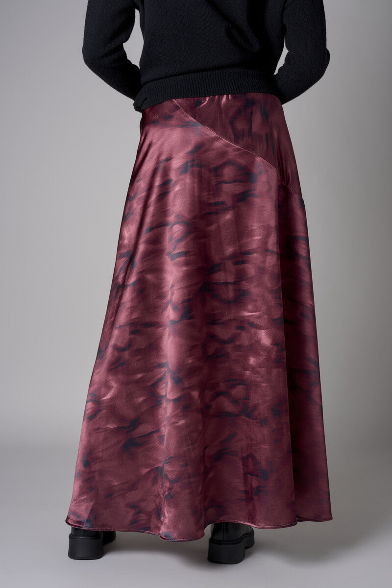 Maroon abstract animal print savoy bias maxi skirt
