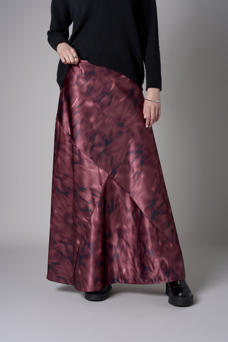 Maroon abstract animal print savoy bias maxi skirt