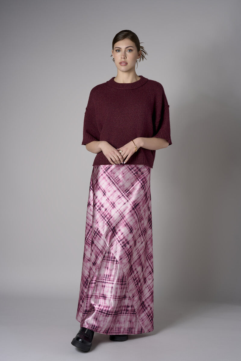 Rose plaid animal print savoy bias maxi skirt
