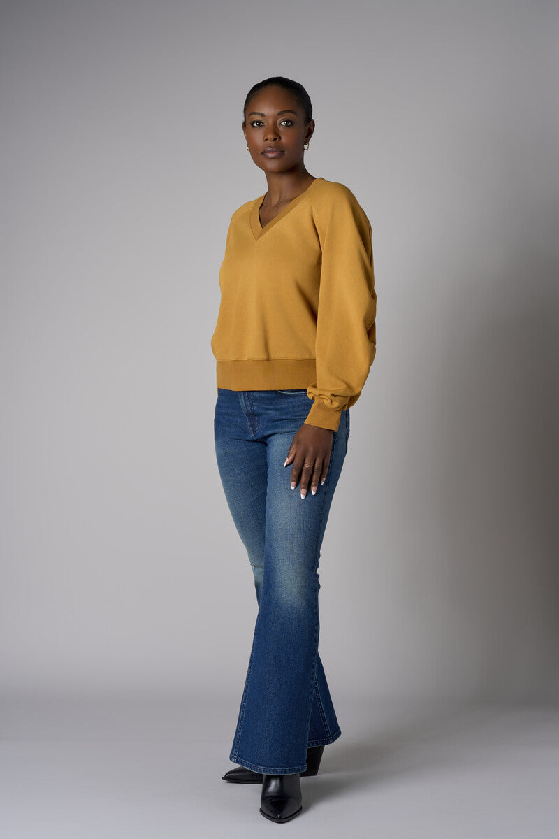 Be unforgettable in the elegant 'Marigold' Zipper Back V-Neck Sweatshirt.
