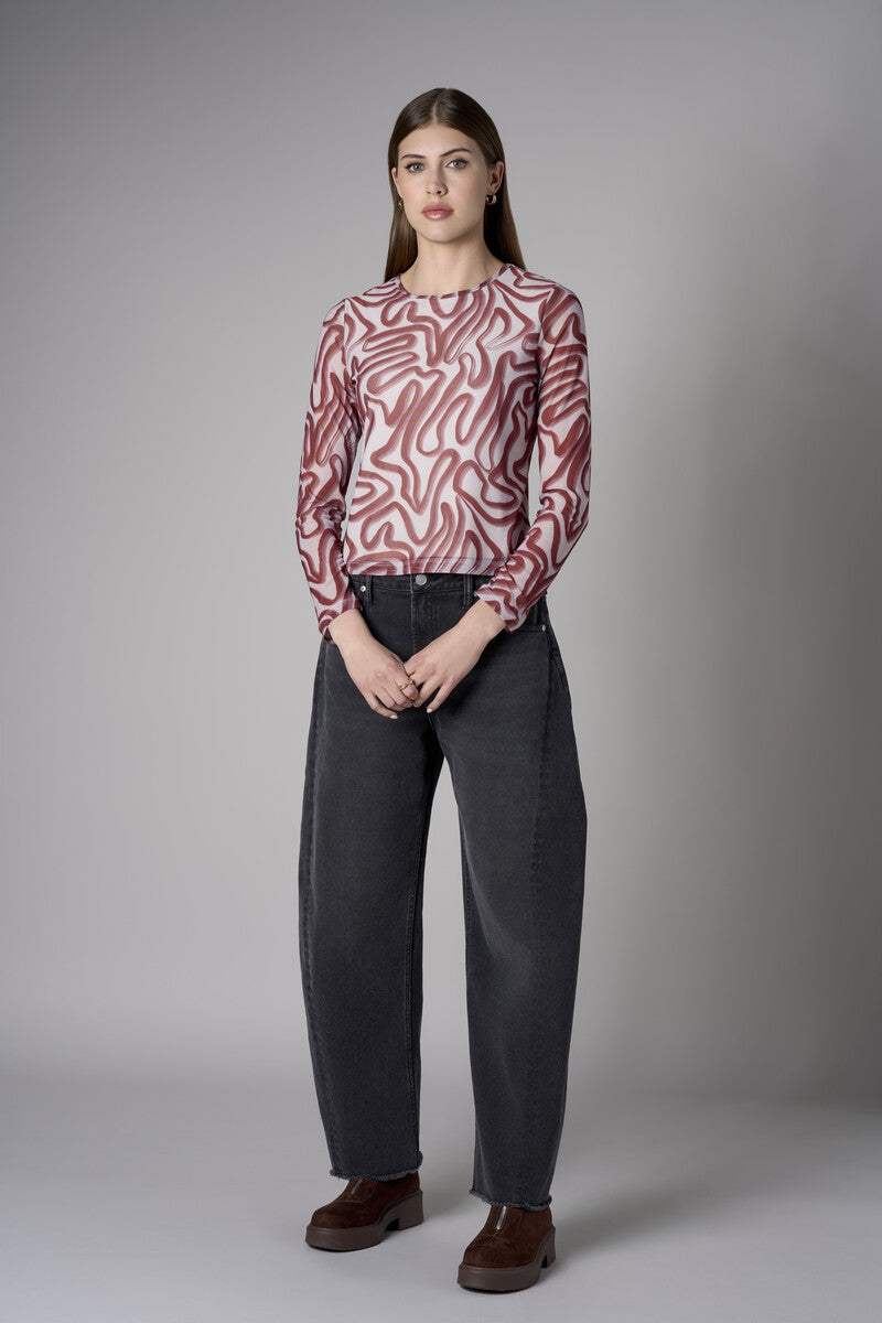 Ivory and Maroon Abstract Print Crew Neck Long Sleeve Top