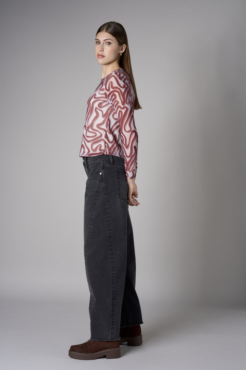 Ivory and Maroon Abstract Print Crew Neck Long Sleeve Top