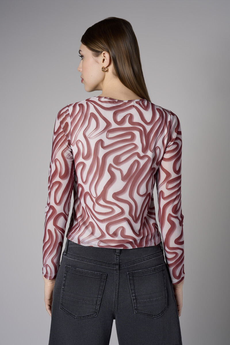 Ivory and Maroon Abstract Print Crew Neck Long Sleeve Top