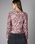 Ivory and Maroon Abstract Print Crew Neck Long Sleeve Top