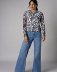 Ivory and Black Abstract Print Crew Neck Long Sleeve Top