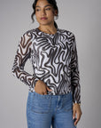 Ivory and Black Abstract Print Crew Neck Long Sleeve Top
