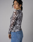 Ivory and Black Abstract Print Crew Neck Long Sleeve Top