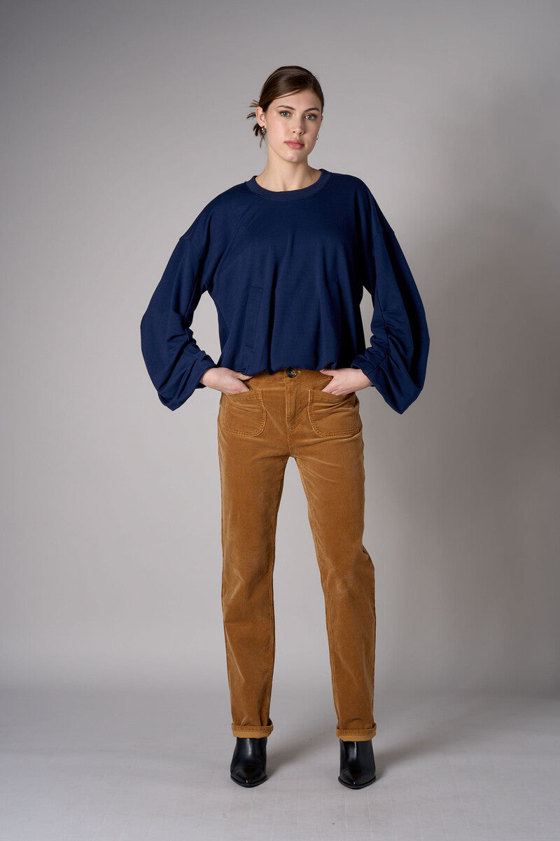 Navy shirred hem long sleeve sweatshirt