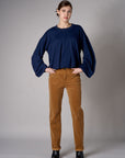 Navy shirred hem long sleeve sweatshirt
