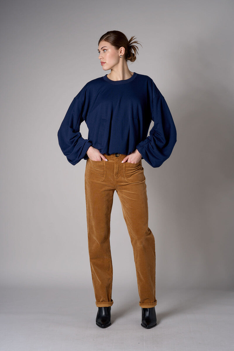 Navy shirred hem long sleeve sweatshirt