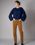 Navy shirred hem long sleeve sweatshirt