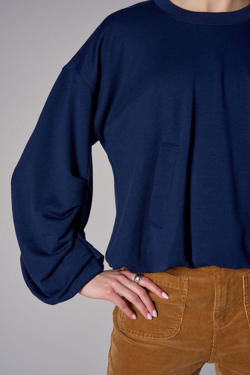 Navy shirred hem long sleeve sweatshirt