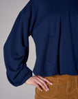 Navy shirred hem long sleeve sweatshirt