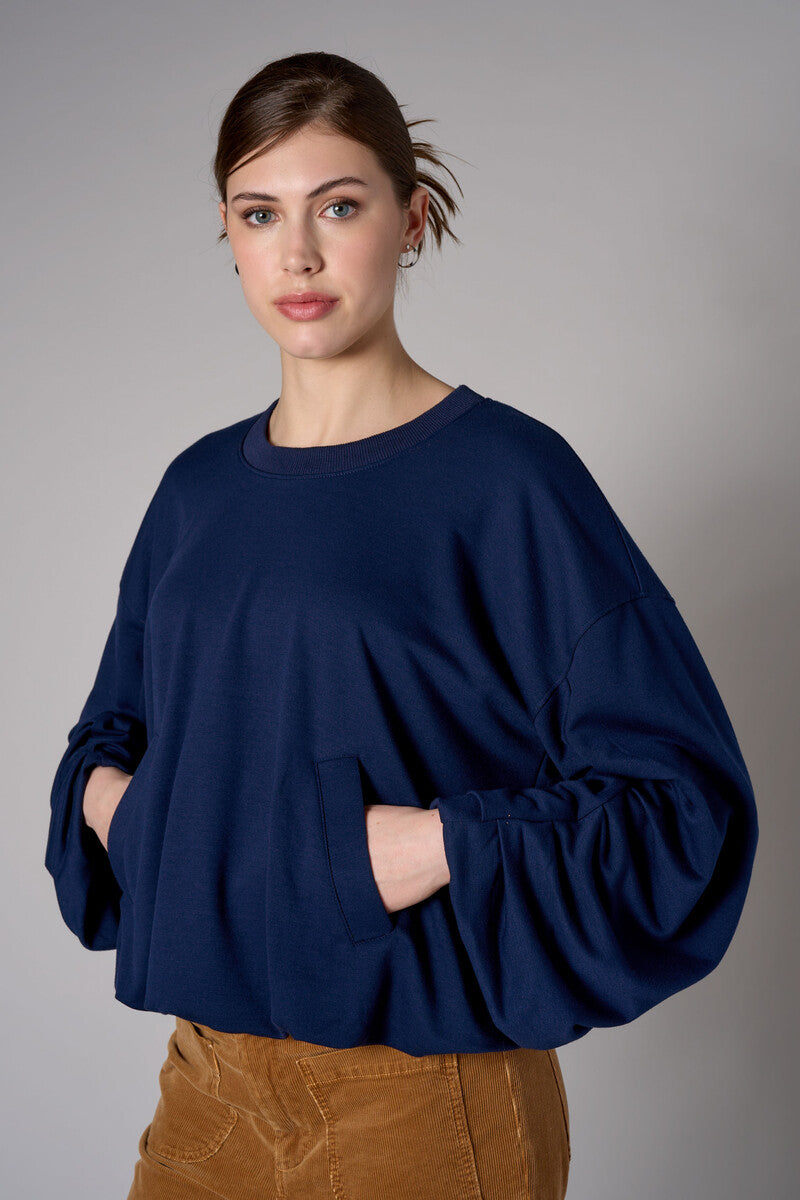 Navy shirred hem long sleeve sweatshirt