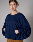 Navy shirred hem long sleeve sweatshirt